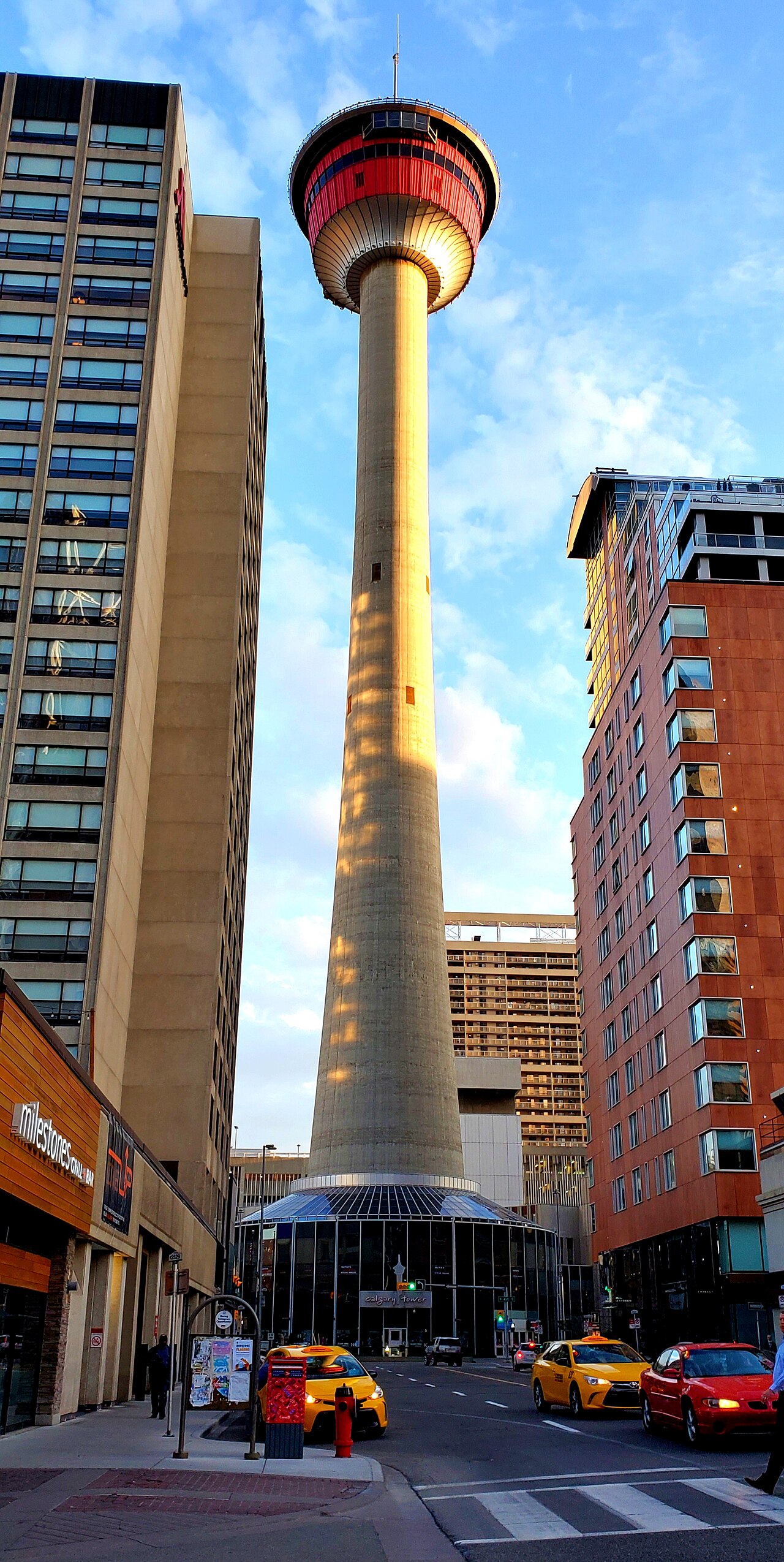 Calgary Tower in golden sunlight under a blue sky, framed by downtown buildings